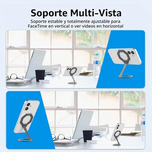 Vista 6 de Soporte magnético octogonal plegable de 360° giratorio para teléfono de escritorio de automóvil, uso universal, compatible con iPhone 12-17 Pro Negro