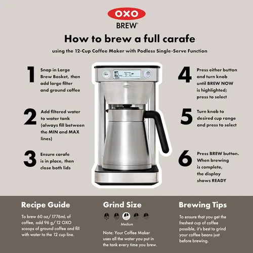 Vista 9 de Cafetera de café OXO Brew de 12 tazas con función de porción única sin cápsula, plateada