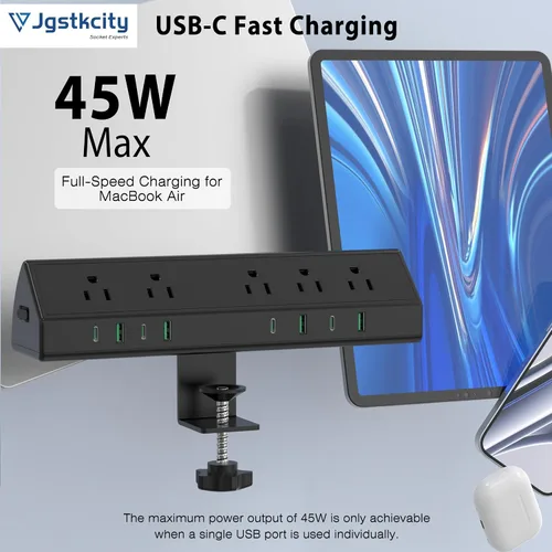 Vista 3 de Jgstkcity Regleta de alimentación con abrazadera de escritorio, estación de carga rápida de 45 W, 4 USB-C, 4 USB-A, protector de sobretensiones