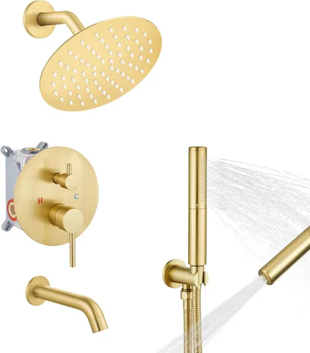 Vista 15 de Airuida Sistema de ducha con boquilla de bañera, cabezal de ducha redondo de 10 pulgadas con 2 funciones, ducha de mano, montaje en pared, juego