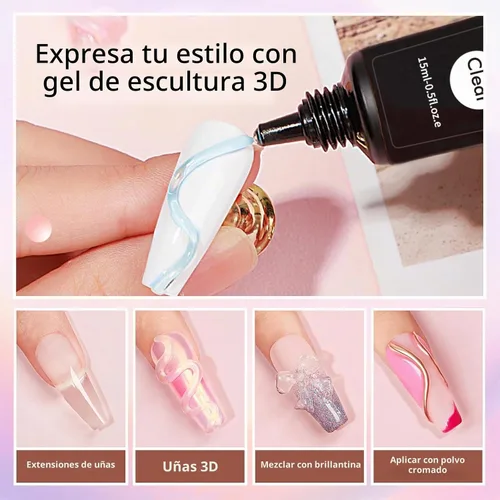 Vista 4 de Kit de gel de uñas 3D de 15g (0.53 onzas) y polvo cromado, gel esculpidor pegamento de arte de uñas para diseños artísticos DIY tallado moldeado Gel
