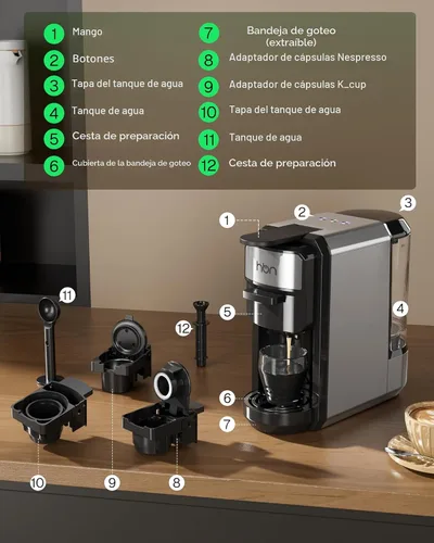 Vista 5 de HBN 3 en 1 para cápsulas Nespresso, cápsulas K-Cup y café molido, cafetera múltiple de una sola porción, máquina de café espresso programable de 19