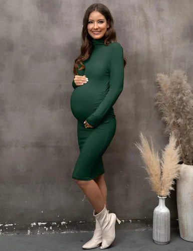 Vista 6 de abkylie Vestido de maternidad de manga larga de cuello alto con fruncido laterallongitud a la rodilla, vestido de embarazo para otoño sesión