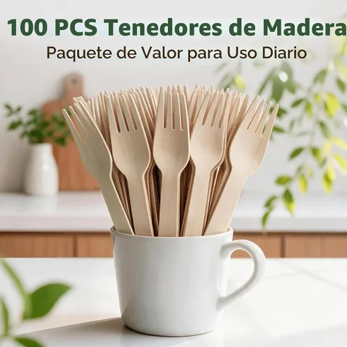 Vista 2 de LotFancy Tenedores desechables, 100 tenedores de madera, 6.2 pulgadas, biodegradables compostables, ideales para camping, picnic, cenas, suministros