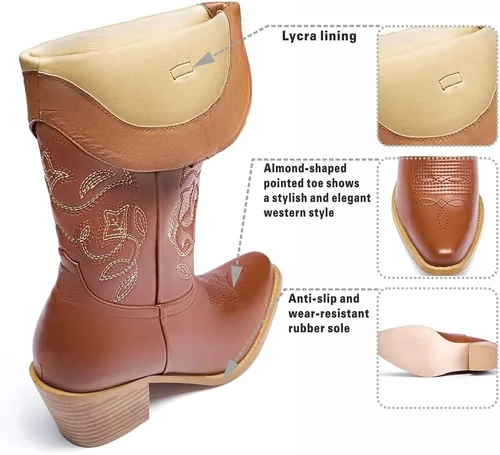 Vista 3 de GOSERCE Botas vaqueras para mujer, botas vaqueras a media pantorrilla, bordado floral, punta puntiaguda, tacón grueso, 2.5 pulgadas, de moda