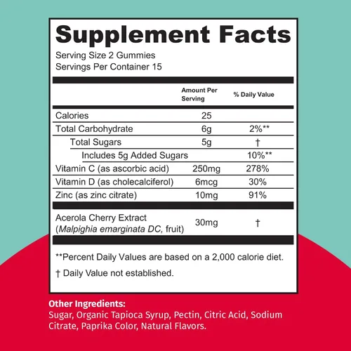Vista 3 de TEJA Gomitas de apoyo inmunológico para adolescentes con vitamina D, VIT C, zinc y acerola. Suplemento bajo en azúcar, multivitamínico de inmunidad