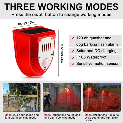 Vista 2 de Qualirey Detector de movimiento de alarma solar con sensor de movimiento al aire libre de 129 db, luz estroboscópica para perro, detector de alarma