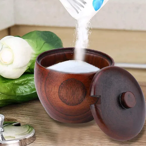 Vista 4 de Tarro de madera maciza, azucarero, sal, pimienta, condimento, olla con cuchara y tapas para cocinar, deliciosos platos y postres
