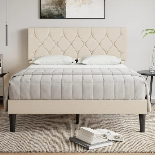 Vista 14 de VECELO Twin Bed Frame with Upholstered Tufted Headboard, Beige