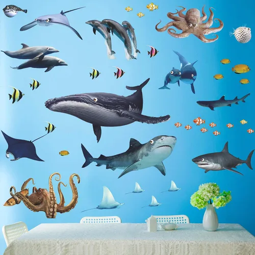 Vista 2 de Adhesivo de pared extraíble 3D de peces marinos bajo el mar, calcomanías de pared de animales marinos, ballenas, tiburones, calamares, decoración