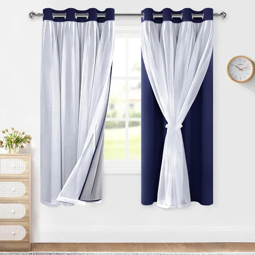 Vista 24 de XWZO Cortinas 100% opacas de doble capa para guardería, cortinas opacas con superposición transparente para dormitorio de niñas, cortinas