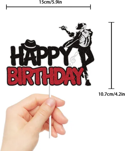 Vista 2 de Genial decoración de pastel de cumpleaños con purpurina negra y roja con purpurina bailarina, King of Pop, suministros para fiestas temáticas