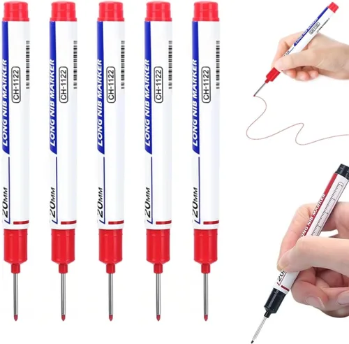 Vista 8 de 5 Pack Long Head Deep Hole Marker Pens, 2026 New 20mm Deep Reach Waterproof Construction Marking Tool, Carpenter Ink Marker Pens Metal Marking Pen