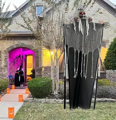 Vista 5 de Decoraciones colgantes de Halloween al aire libre – Fantasma esqueleto de 70 pulgadas con 3 cabezas de esqueleto iluminadas ojos rojos espeluznantes