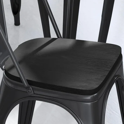Vista 6 de BizChair Juego de 4 asientos de madera de poliresina, poliestireno negro, bordes redondeados para mayor comodidad, para sillas y taburetes de metal
