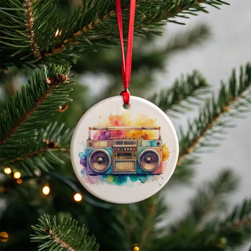 Vista 3 de Retro Boom Box Radio Cassette Player Acuarela Redondo Cerámica Navidad Árbol Ornamento