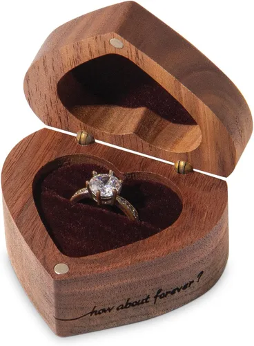 Vista 3 de Caja de anillo de compromiso delgada de madera en forma de corazón para propuesta, ceremonia de boda, regalo de cumpleaños