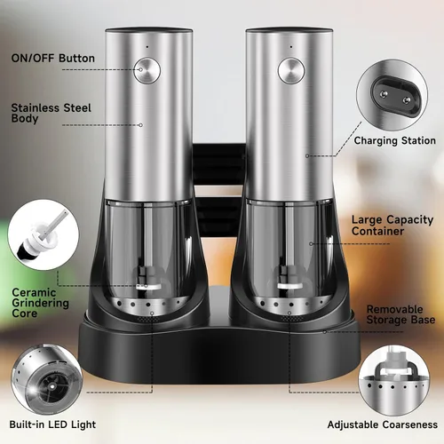 Vista 7 de Set de molinillo eléctrico de sal y pimienta, salero y pimientero recargable con luz LED y base de carga, molinillos automáticos de sal y pimienta