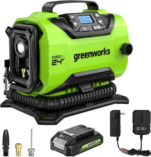 Vista 2 de Greenworks Inflador de neumáticos inalámbrico de 24 V (160 PSI) y cargador de batería