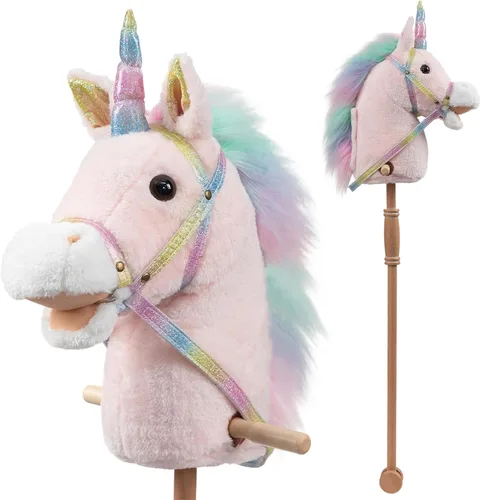 Vista 10 de HollyHOME Caballo de unicornio con lentejuelas, caballo de juguete artesanal con palo y ruedas de madera, sonidos reales de relincho y galope de Azul