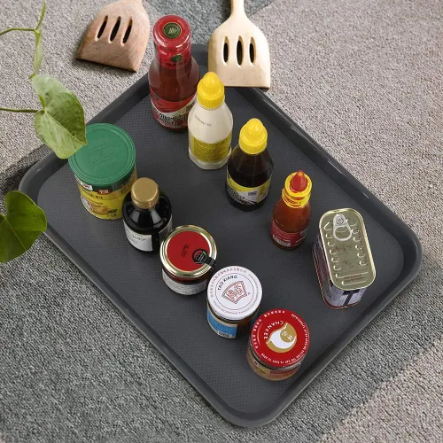 Vista 5 de Paquete de 4 bandejas de plástico para comida rápida, bandeja para servir, bandejas rectangulares de plástico gris para servir comida rápida, F