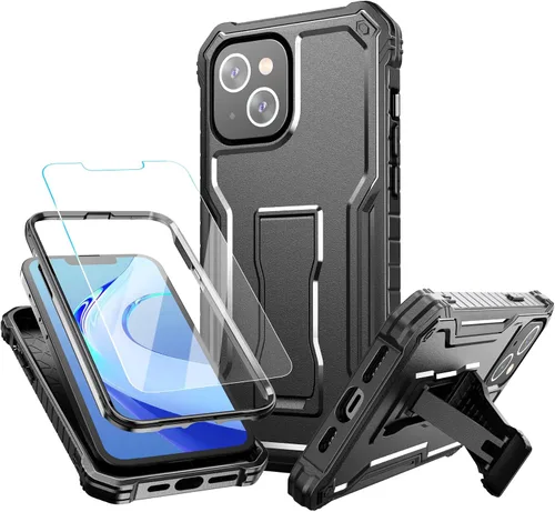 Vista 9 de FITO Funda para Apple iPhone 13, doble capa a prueba de golpes resistente con protector de pantalla de vidrio templado y soporte integrado (verde)