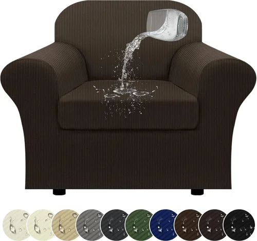 Vista 39 de Funda impermeable para silla con brazos, juego de 2 piezas, funda a rayas para 1 sofá separado con cojín en T, fundas de sillón de tela