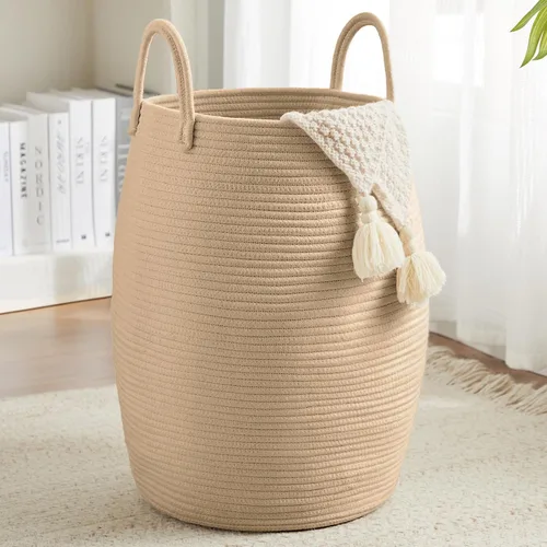 Vista 13 de Canasta de lavandería de cuerda de algodón Fiona's magic, cesta de lavandería tejida grande de 65L, cesto alto para ropa sucia para guardar mantas