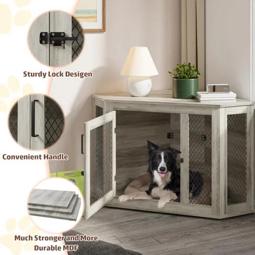 Vista 5 de PUKAMI Mueble esquinero de 52 pulgadas para perros, muebles de madera para perreras con malla, casa decorativa de madera para perros