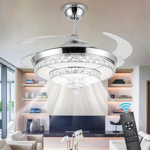 Vista 8 de Lámpara de techo invisible de 42 pulgadas con luz, ventilador de techo de cristal moderno, control remoto, 4 aspas retráctiles de ABS para Dorado