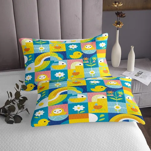 Vista 4 de Juego de colcha acolchada de lindo pollito, naranja y amarillo, diseño de flores de retazos, huevos de Pascua azules, tamaño individual, flores