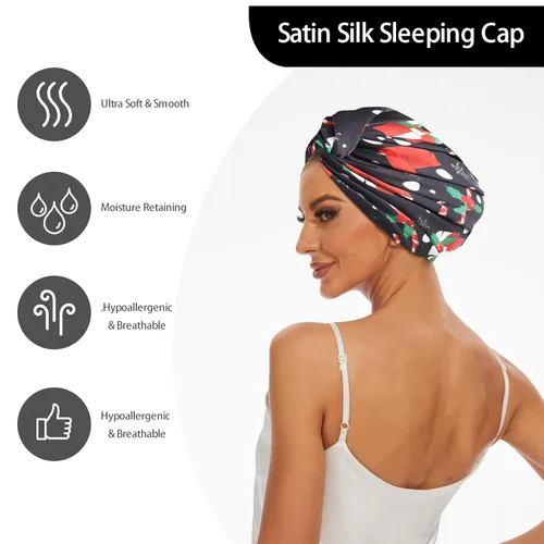 Vista 111 de Gorro de satén de seda ajustable para envolver el cabello para dormir, gorro de dormir de doble capa, turbante nocturno para cabello largo y rizado