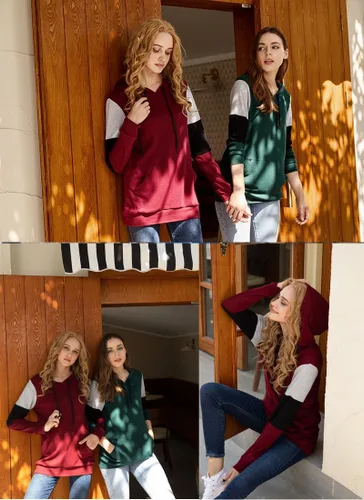 Vista 6 de CATHY Sudadera casual con cordón para mujer, manga larga, bloque de color, sudadera con capucha y bolsillo