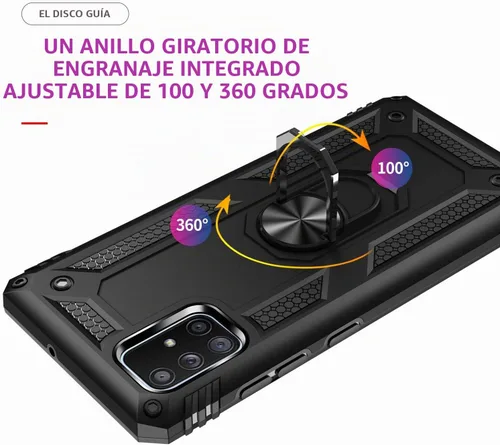 Vista 4 de Funda para Galaxy A71 5G, grado militar, resistente, de doble capa, cuerpo completo, a prueba de golpes, protección de cámara con anillo atril Negro