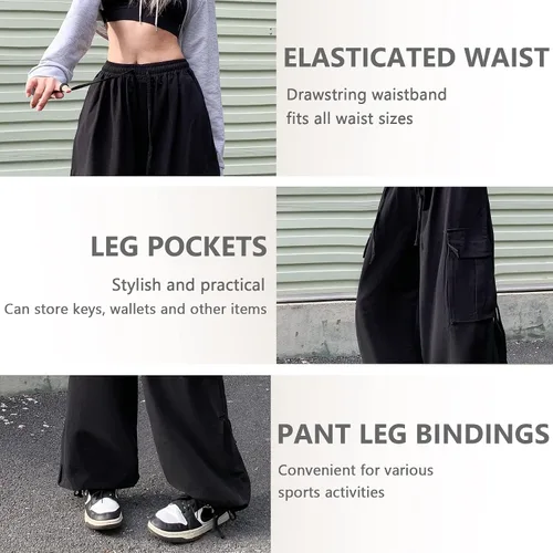 Vista 3 de Pantalones de mujer Y2k Cargo Gothic Baggy Pantalones de cintura alta Harajuku Streetwear Pantalones de paracaídas para hombre