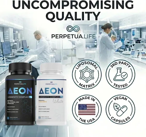 Vista 4 de AEON - Complejo de longevidad en blanco y negro con NAD+, curcumina, resveratrol, astaxantina, fisetina, quercetina, AKG, apigenina, glicina