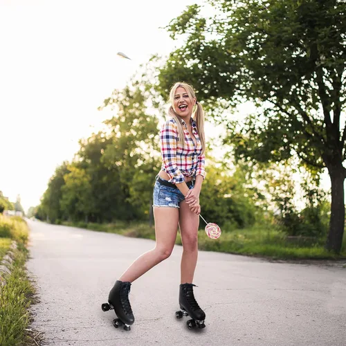 Vista 7 de Patines de ruedas para mujeres con cuero PU de caña alta de doble fila, patines unisex para adultos para interiores y exteriores Derby con frenado