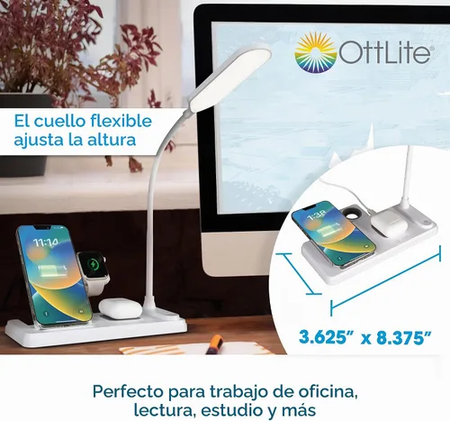 Vista 7 de OttLite Lámpara LED de escritorio con estación de carga multidispositivo, blanco