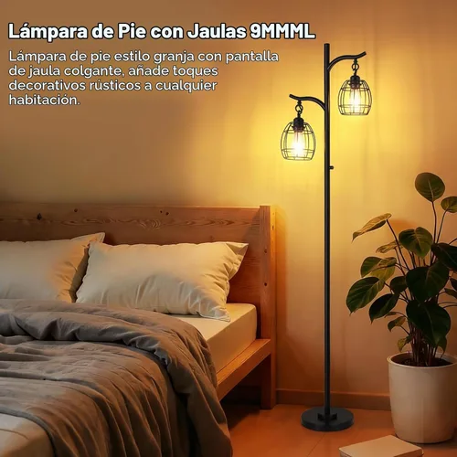 Vista 5 de Lámpara de pie 9MMML para sala de estar, lámpara de pie industrial de granja regulable con 2 jaulas colgantes en forma de lágrima, lámpara de árbol