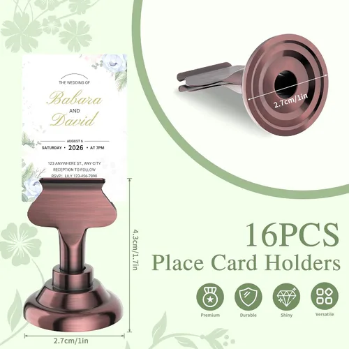 Vista 2 de Urban Deco Paquete de 16 soportes para tarjetas de número y lugar de mesa, soportes de acero de 1.7 pulgadas para fotos, letreros de alimentos, Cobre