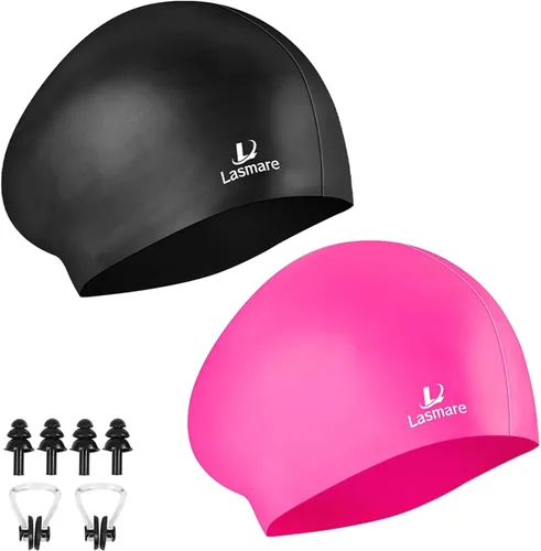 Vista 9 de Long Hair Swim Cap for Women 2 Pack, Silicone Swimming Caps for Unisex Adult Women Men with Ear Plugs & Nose Clip Set, Waterproof Adult Swim Hats