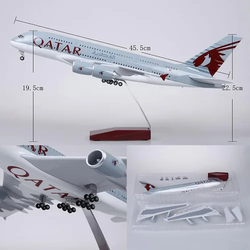 Vista 3 de Modelo de avión a escala 1:160 de 18.5 pulgadas, modelo Qatar A380, modelo Jet Collectibles, modelos planos de resina con ruedas fundidas a presión