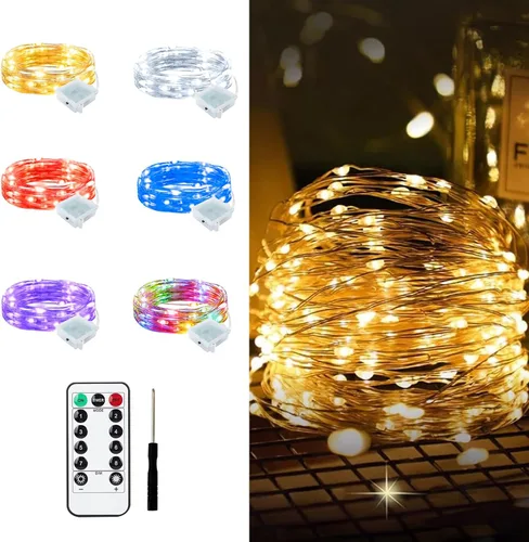 Vista 9 de Aogist Paquete de 24 luces de hadas, 3 modos, 2,1 metros, 20 luces LED, impermeables, cable plateado, funcionan con pilas, mini luces de alambre
