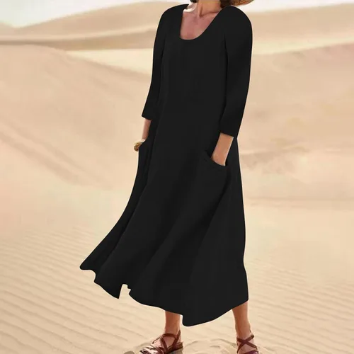 Vista 2 de Akivide Vestido largo de algodón y lino para mujer, manga 34, bohemio, liso, fluido, casual, verano, otoño, playa, vestido tipo camiseta