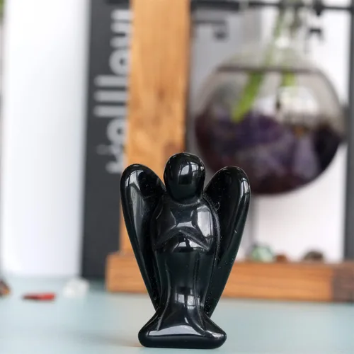 Vista 5 de YATOJUZI Estatua de ángel de obsidiana negra de 5 cm decorativa con cristales curativos de Reiki, piedra natural pulida tallada a mano, figuritas