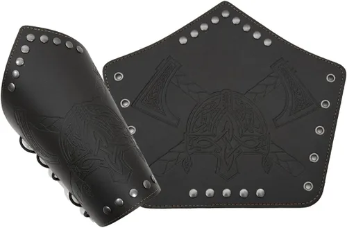 Vista 7 de Jeilwiy Brazaletes vikingos medievales de cuero, brazaletes de armadura de brazo, brazalete de cuero, guantelete punk para hombres y mujeres