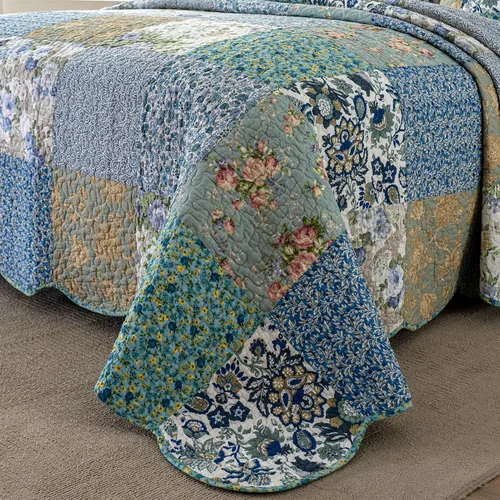 Vista 3 de YAYIDAY - Edredón tamaño Queen, juego de colcha con diseño de retazos - 100% algodón reversible y transpirable con estampado floral acolchado