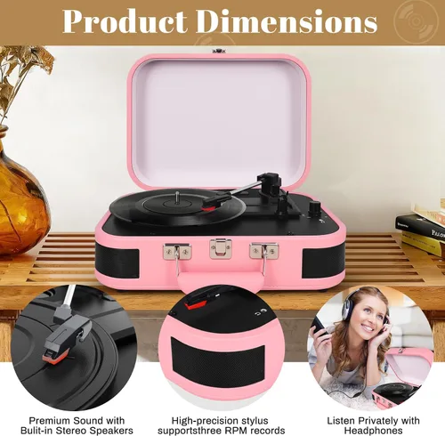 Vista 5 de Vintage Suitcase - Tocadiscos portátil Bluetooth de 3 velocidades con altavoces integrados, para discos de vinilo de 7/10/12 pulgadas (rosa)
