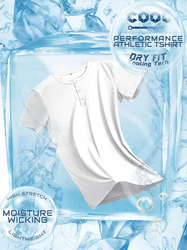 Vista 4 de Camisa Henley de ajuste seco para hombre, ropa de gimnasio, camiseta de entrenamiento de manga corta, camiseta atlética clásica y casual