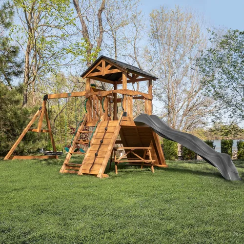 Vista 2 de Backyard Discovery Endeavor II Set de columpios de madera de cedro con tobogán ondulado, plataforma de juego, doble pared de escalada, mesa